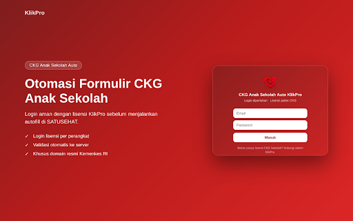 CKG Sekolah Klikpro :: Mempercepat input CKG Anak Sekolah dari Excel dan data Pelayanan CKG Sekolah, termasuk scraper Belum dan Sedang Pemeriksaan.