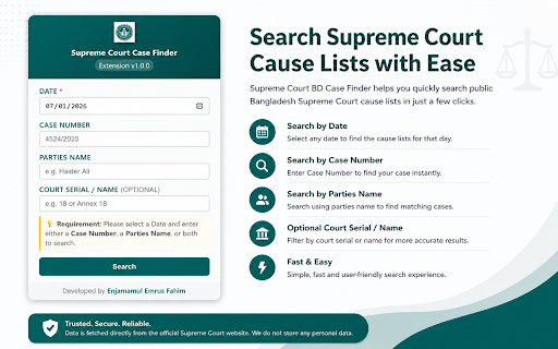 Supreme Court Case Finder :: Quickly search Bangladesh Supreme Court cause lists by case number or parties name and copy matching results.