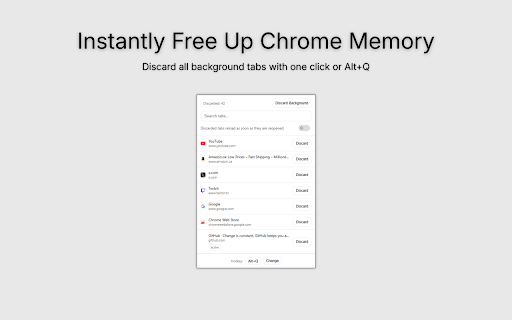 Discard Tabs – Free Up Chrome Memory Instantly :: Free up Chrome memory instantly by discarding background tabs. Simple hotkey control, lightweight, and privacy-first.