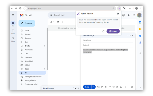 Quick Rewrite :: On-device AI rewriter — rephrase any text in any input field. Runs 100% in your browser. No cloud, no API key, no tracking.