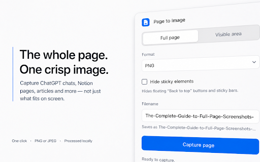 Page to Image :: Capture any webpage — full page or visible area — as a crisp PNG or JPEG. Processed locally; nothing is uploaded.