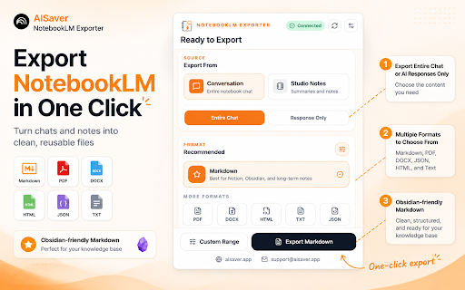 AISaver: NotebookLM Workspace :: Import AI chats and web content into NotebookLM, then export NotebookLM conversations and Studio Notes as clean local files.