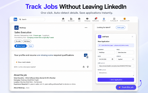 JobTrack - Job Application Tracker :: Automatically track and organize your job applications across popular job portals. Never lose track of where you applied.