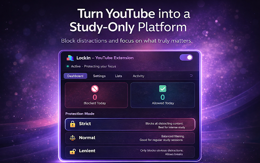 LockIn – Study-Only YouTube Extension :: Blocks distracting YouTube content and allows only study-related videos to help you stay focused.