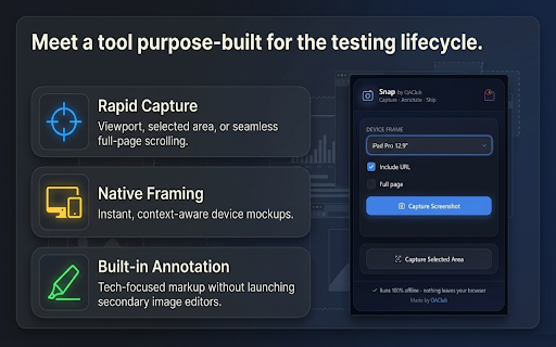 Snap: Rapid Screenshots & Bug Capture :: Capture the current tab (visible or full page), apply device frames, annotate, and download as PNG. Works fully offline.