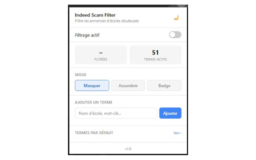 Indeed Scam Filter :: Filtre communautaire — signale et masque les fausses annonces Indeed postées par des écoles et formations douteuses.