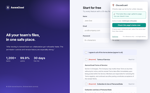 ClauseGuard — Toxic Clause Checker for Terms :: Chrome extension that checks sign-up terms for unfair clauses using your own AI model.