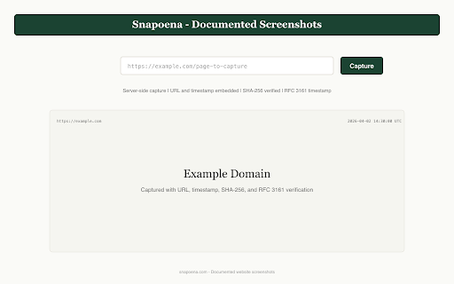 Snapoena - Documented Screenshots :: Capture documented website screenshots with URL, timestamp, SHA-256 hash, and RFC 3161 verification.