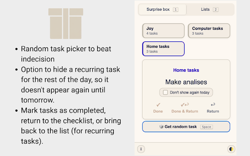 To-do & Task List with random | Surprise Box :: Smart task manager with a 'surprise box' feature that randomly selects tasks. All data stored locally.