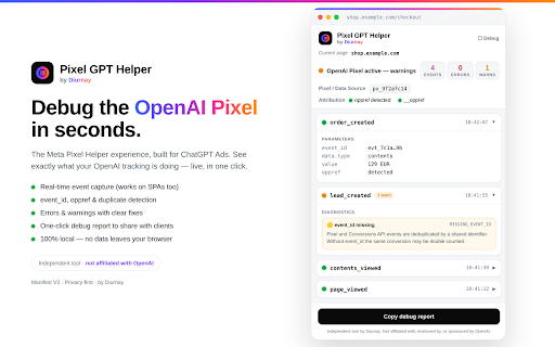Pixel GPT Helper by Diurnay :: Detect and debug OpenAI (ChatGPT Ads) Pixel events in real time. Independent tool — not affiliated with OpenAI.