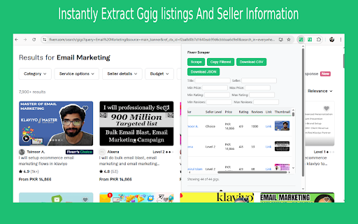 Fiverr Search Results Extractor :: Extract Fiverr search results and let you filter gigs by price, rating, and export in CSV/JSON for professional data analysis.