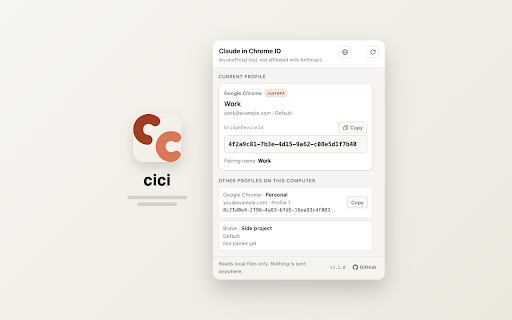cici - Claude in Chrome ID :: Shows which Chrome profile owns each bridgeDeviceId in Claude Code's browser picker. Unofficial, not affiliated with Anthropic.