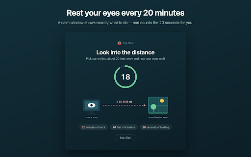 Eye Rest 20-20-20 :: Eye break reminders based on the 20-20-20 rule, plus a Pomodoro timer. Everything stays on your device.