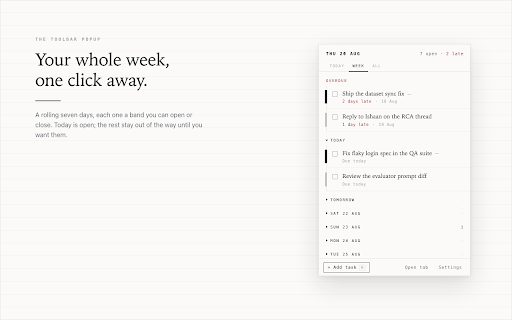 Daybook :: A local-first task list with a morning brief and an end-of-day check. No account, no server, no network.