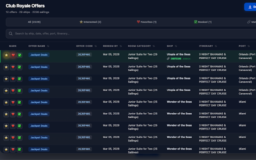 RC Club Royale Offers Parser :: Parse and organize Royal Caribbean Club Royale casino offers with search and CSV export.