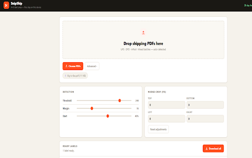 SnipShip – Shipping Label Cropper :: Crop mixed courier label PDFs into clean 4×6 printer-ready labels. All processing happens on your device — no uploads.
