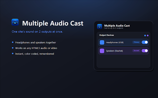 Multiple Audio Cast :: Play HTML5 audio and video on 2 output devices at the same time, e.g. headphones and speakers together.