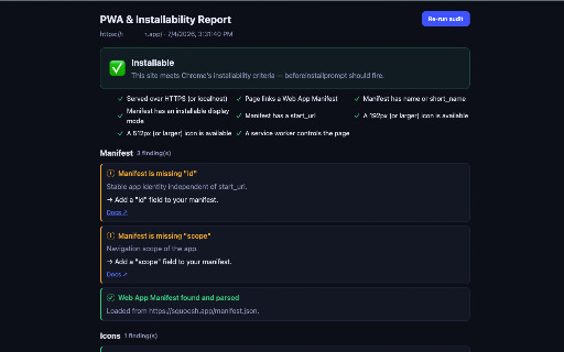 PWA & Installability Inspector :: Audit any site for PWA installability — manifest, service worker, icons, offline & Fugu APIs — with actionable fixes.