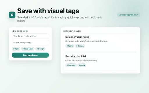 SafeMarks :: Local encrypted bookmark vault. No account or cloud sync.