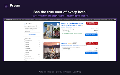 Prysm — True Total hotel pricing :: Shows the real all-in cost of every hotel (fees + taxes) and re-ranks results by what you'll actually pay.