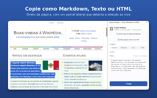 Copiar Seleção — Texto, Markdown e HTML :: Painel lateral que detecta o texto selecionado ao vivo e copia como Markdown, texto puro ou HTML, com várias opções.