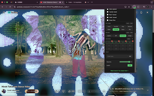 VJam FX — VJ Effects for Any Website :: Overlay 191 music-reactive VJ visuals on any webpage. Multi-layer, beat detection, auto-cycle, blend modes, text & scenes.