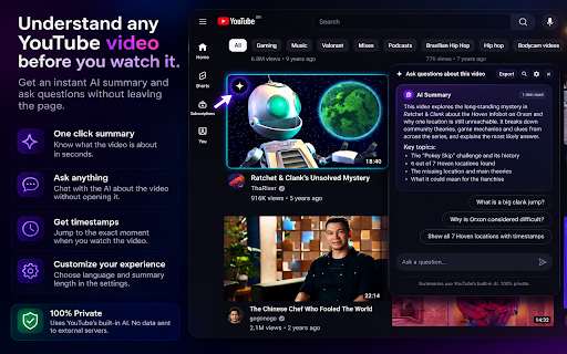 YouTube Quick AI Summary: Preview Any Video Before Watching :: Hover a YouTube video, get an AI summary, then ask it anything about the video.