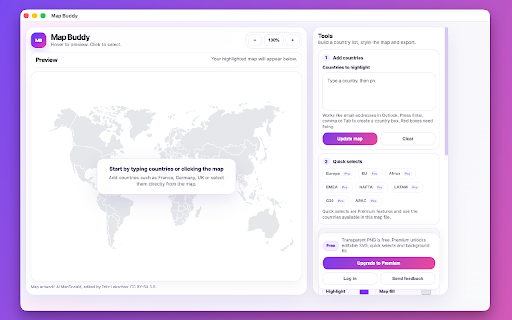 Map Buddy :: Create clean, presentation-ready world maps by highlighting countries and exporting transparent PNGs or Pro SVG files.