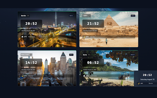 panotime :: Transform your new tab page into a beautiful world clock dashboard - the elegant way to track time across multiple time zones.
