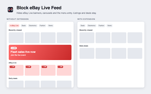 Block eBay Live Feed - no live streams :: Hides eBay Live banners, carousels and the menu entry on eBay. Redirects /ebaylive to the homepage.