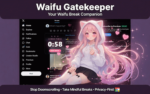 Waifu Gatekeeper :: Break doomscrolling habits with cute anime character overlays and timed breaks.