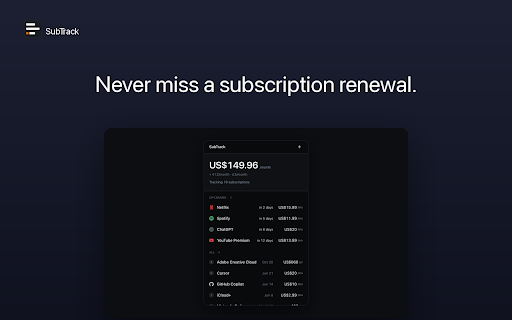 Subscription Tracker & Reminder - SubTrack :: Subscription tracker with renewal reminders. Track recurring payments & monthly spend. 100% local — no account, no bank linking.