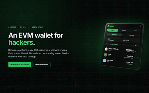 1337 Wallet :: An EVM wallet for hackers. Privacy and power. No analytics. No 1337 server.