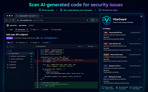 VibeGuard :: Security diagnostics for AI-generated code, in any browser tab.