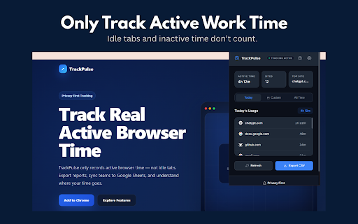 TrackPulse – Active Time Tracker :: Track real active browser time, export CSV reports, and sync activity to Google Sheets.