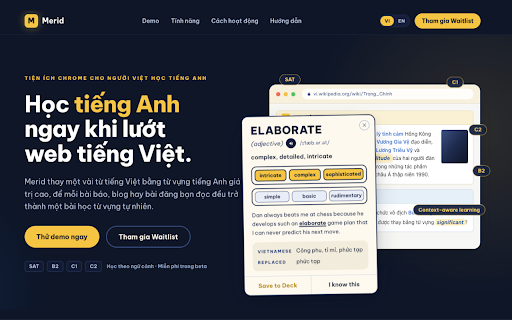 Merid :: Learn English while you browse: swaps Vietnamese or English words for SAT/CEFR vocabulary, with hover learning cards.