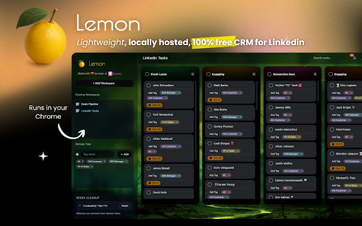 Lemon - A Local CRM for Linkedin :: A lightweight Kanban board based CRM that works on top of your bookmarked contacts for Linkedin. Built by the team at Quibbly.