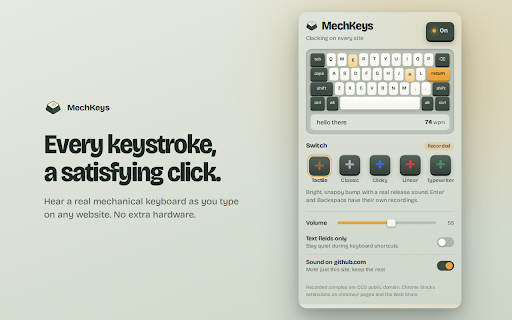MechKeys: Mechanical Keyboard Sounds :: Hear real mechanical keyboard sounds as you type on any website. Recorded switches plus clicky, linear and typewriter modes.