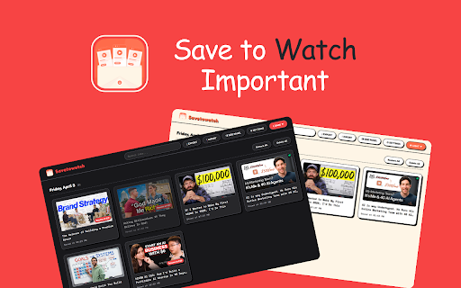 Savetowatch :: Save to watch YouTube where you left off. Free up browser memory and organize your video tabs in a beautiful dashboard.