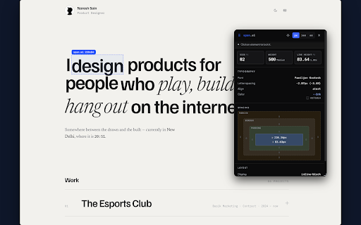 Design Tool :: Figma-style inspection for any website. Hover for type styles, click two elements to measure the gap, see the spacing box.