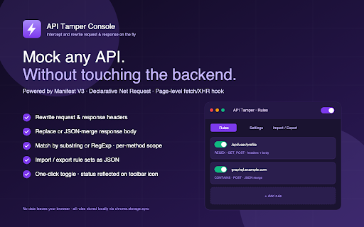 API Tamper Console :: Intercept and rewrite request/response body and headers by configurable URL rules.