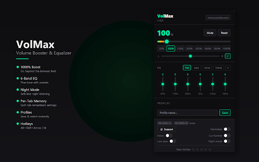 VolMax - Volume Booster & EQ :: Boost volume up to 1000%, 6-band EQ, balance, night mode, per-tab memory, and hotkeys.