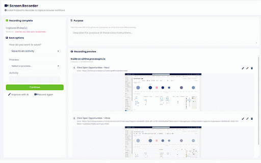 ProcessPro Recorder: Step-by-Step Guides, Tutorials & Screenshots :: Record browser workflows as step-by-step guides with screenshots. Edit, blur, export, or send to ProcessPro. Optional BYOK AI.