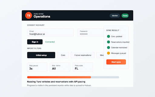 Turo Sync for Hubcar :: Sync Turo vehicles, reservations, calendar changes, and guest messages with Hubcar.