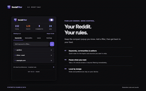 SocialFilter — Reddit Filter :: Filter Reddit by text, author, community, flair and domain. Reversible rules, optional comments and local backups.