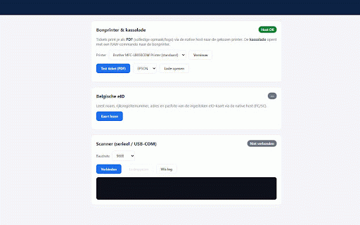 Club Planner Extension :: Verbindt Club Planner met lokale hardware (ticketprinter, kassalade, eID-lezer en scanner) via een native host en Web Serial.
