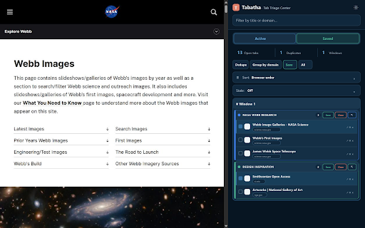 Tabatha - Tab Triage Center :: Fast, private, local tab triage for busy browsers.