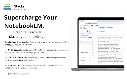 Stacks for NotebookLM: Folders & AI Search :: Organize your Google NotebookLM with folders, tags, and AI-powered semantic search.