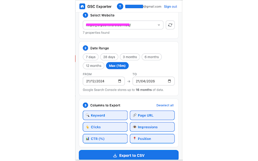 Search Console Exporter :: Export Search Console keyword data to CSV. Pick metrics, date range & download clicks, impressions, CTR, position & page URLs.