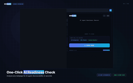 GEOAudit - AI Agent Readiness Checker :: Analyze web pages for AI agent discoverability and GEO (Generative Engine Optimization) readiness. 15 categories, 130+ checks.
